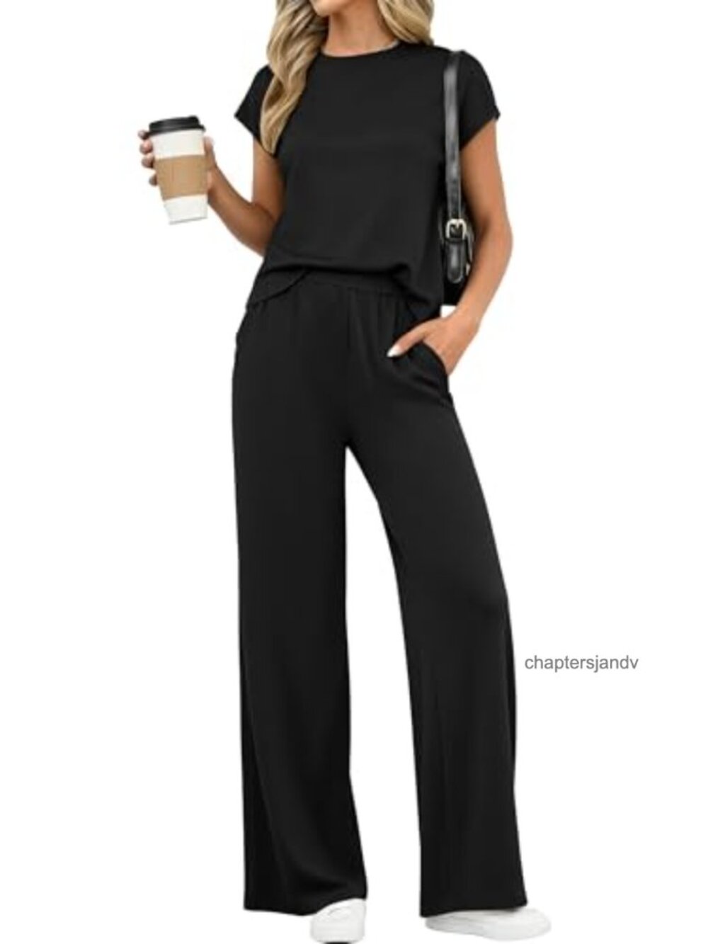 Womens 2 Piece Lounge Set Cap Sleeve Top Wide Leg Pants with Pockets